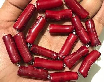 CORAL ROSARY! Natural Bambu Coral 11*12mm W Pipe Shaped Beads/19" Rosary Beads Of Bambu Coral/Very Rare Genuine Coral Smooth Rosary Beads