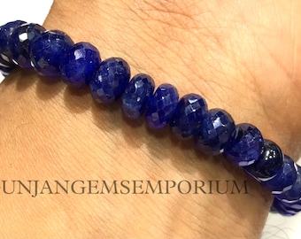 Armband med blå safirkulor ~ Vackert AAA safirarmband 7/8 mm fasetterade rondelkulor med blå safir 7” armband med safir ädelstenssmycken