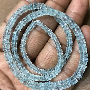 Beautiful AQUAMARINE Faceted Wheel Shape Beads/Natural Aquamarine Faceted Gemstone Beads/3*6 mm 16” Tyre Shape Aquamarine Strand/Very Rare