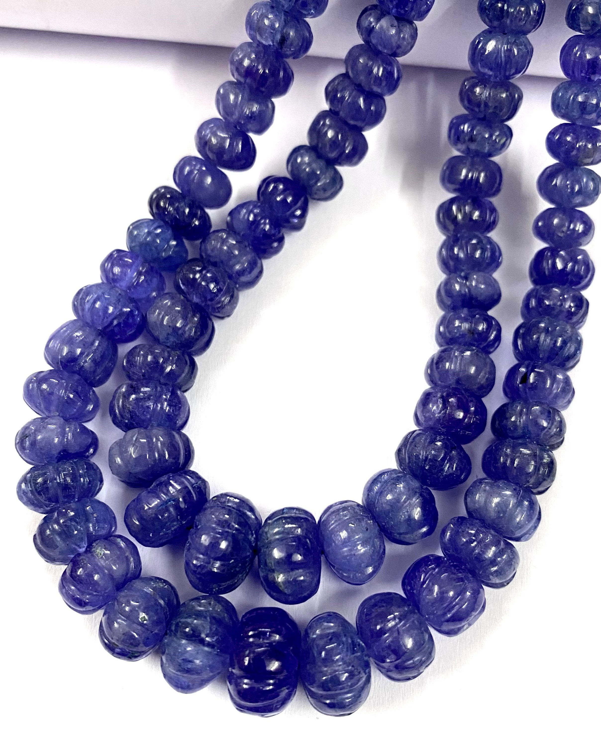 非常に希少〜AAAA+ タンザナイト彫刻宝石ビーズ 2 層ネックレス 天然