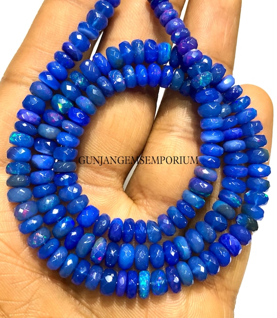 AAA+ QUALITY~~Rarest~Ethiopian Blue Opal Faceted Beads Natural Opal Rondelle Beads Faceted Opal Beads Full Star Genuine Blue Opal Necklace