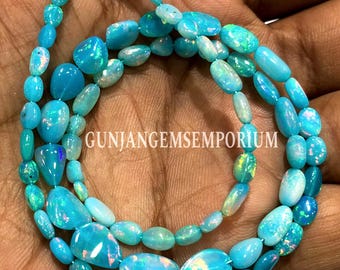 AAAA+ Ethiopian Blue Opal Smooth Nugget Beads Rare Colorful Natural Blue Opal Beads Opal Gemstone Bead 5-10mm Opal Nuggets 17” Opal Necklace
