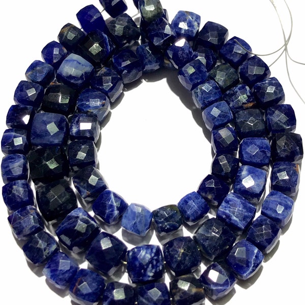 Natural Blue Sodalite Faceted Cube Beads 6-9mm Genuine Blue Sodalite Faceted Beads Sodalite Gemstone Beads Sodalite Box Shape Beaded Strand