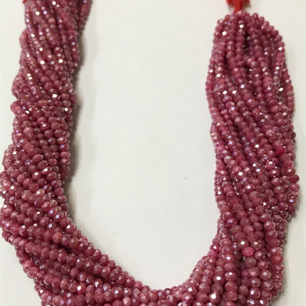 Exclusive 5 Strand Ruby Corundum Coated Faceted Micro Cut Beads.3.5 mm Rondelle Shape Corundum Gemstone Beads.13" Strand Very Rare.Laser Cut