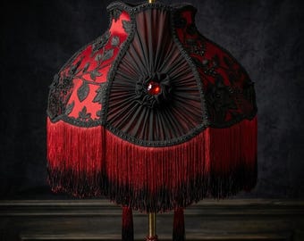 Vintage Floor Lamp with Handmade Dramatic Lampshade, Red and Black Fringed