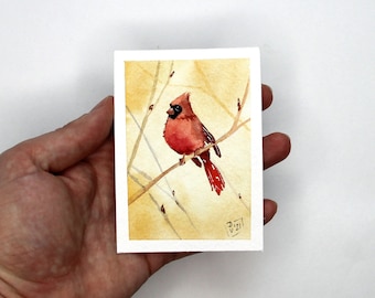 Red Cardinal Painting ACEO Original Art Bird Watercolor Small Artwork 2.5x3.5" by PaintingGiftsArt