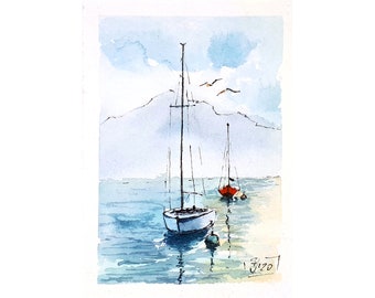 Sailboat Painting Nautical ACEO Original Art Seascape Watercolor Sunrise Artwork 2.5x3.5 by PaintingGiftsArt
