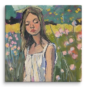 Young Woman Portrait Girl In Garden Painting On Canvas Flower Original Art Landscape Oil Painting Girl Naive Art by PaintingGiftsArt