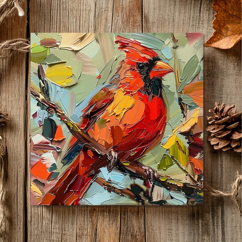 May include: A vibrant red cardinal perched on a branch, painted in a bold, textured style. The bird's plumage is a mix of red, orange, and yellow, with a black eye and beak. The background is a blur of green, blue, and yellow.