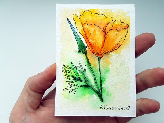 California Poppy Painting Aceo Original Art Watercolor Golden Etsy