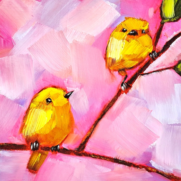 Canary Painting Bird Original Art Couple Bird Oil Painting Animal Small Artwork