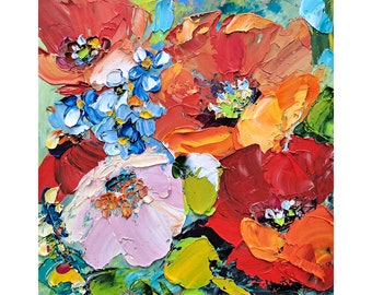 Poppy Painting Poppies Field Original Art Wildflowers Impasto Oil Painting Floral Wall Art 6''x6''
