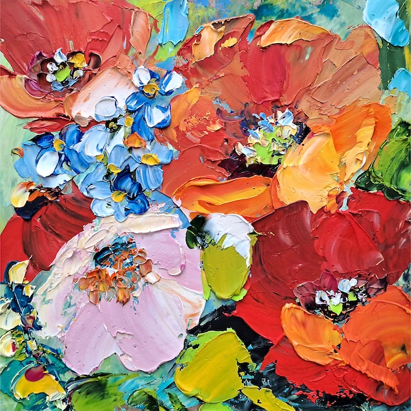 Poppy Painting Poppies Field Original Art Wildflowers Impasto Oil Painting Floral Wall Art 6''x6''