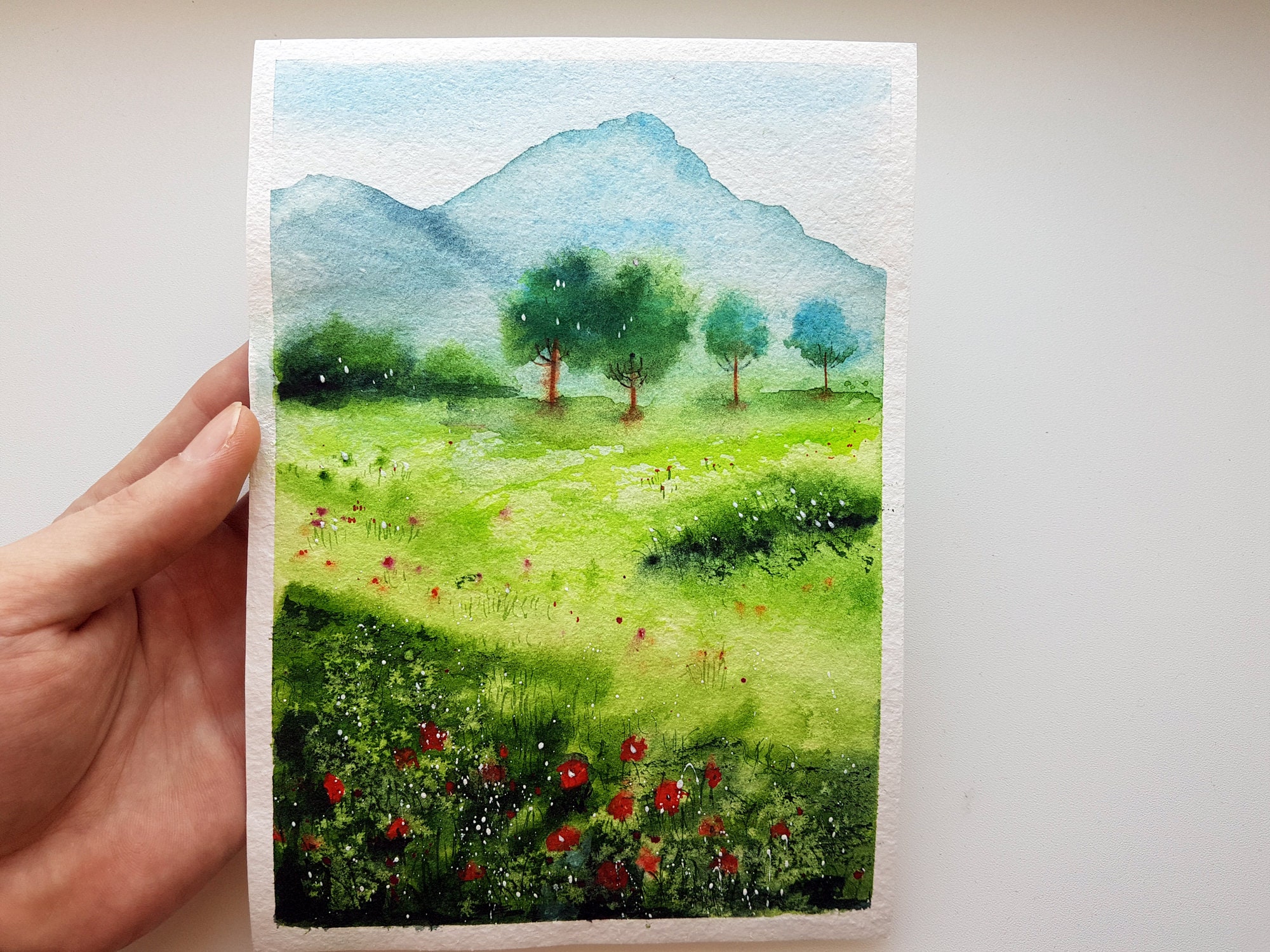 Nature Painting Original Watercolor Summer Landscape Red - Etsy