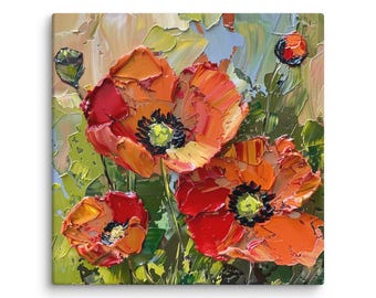 Poppy Painting Poppies Flower Original Art Floral Impasto Painting Meadow Artwork