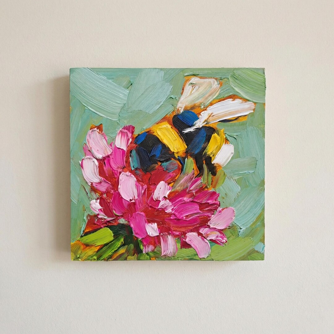 Bee Oil Painting 6x6 Original Impasto Pink Flowers Palette Knife ...