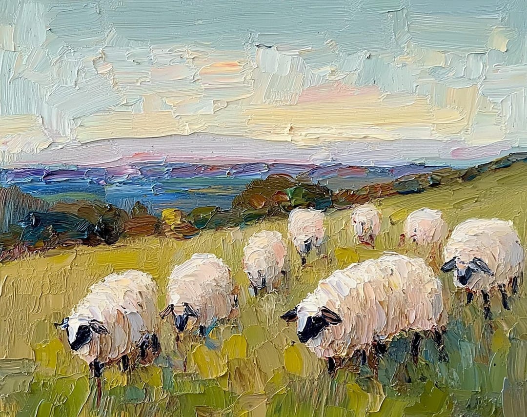 Sheep Painting Lamb Original Art New England Landscape Impasto