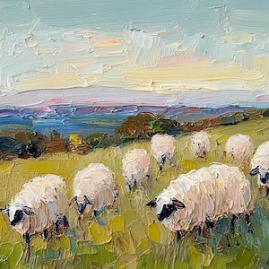 Sheep Painting Lamb Original Art New England Landscape Impasto Painting Green Field Wall Art by PaintingGiftsArt