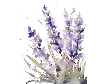 Lavender Watercolor Painting Floral Original Art Abstract Wildflowers Wall Art 8x10"