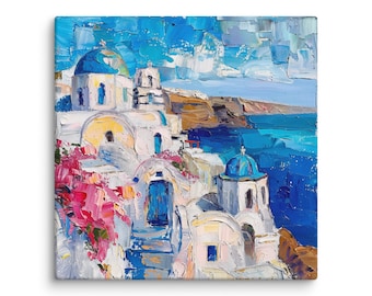 サントリーニ島の油絵 ギリシャ オリジナルアート 海景 壁アート ミニ
