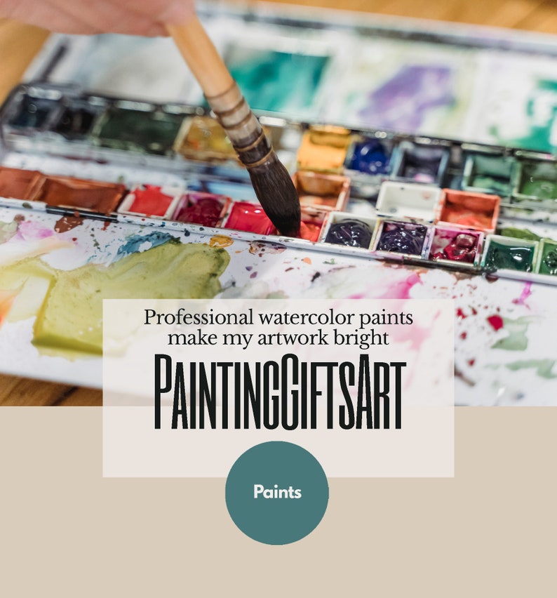May include: A close-up of a watercolor paint palette with a paintbrush dipping into a red paint well. The text "Professional watercolor paints make my artwork bright PAINTINGGIFTSART" is visible below the palette. The text "Paints" is in a circle below the text.