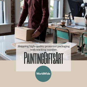 May include: A person is packing a brown cardboard box. The box is on a white table. The text "Shipping high-quality protective packaging with tracking number" and "PAINTINGGIFTSART" is visible on the table. The text "WorldWide" is in a teal circle.