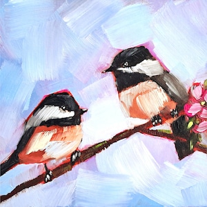 Chickadee Painting Titmouse Original Art Bird Oil Painting Couple Bird Small Wall Art Decor by PaintingGiftsArt