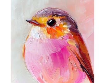 Pink Robin Painting Robin Bird On Branch Original Art Animal Oil Painting Small Artwork Impasto Painting