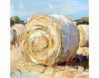 Haystack Painting Hay Field Original Art Countryside Impasto Painting Landscape Oil Painting Rustic Decor by PaintingGiftsArt