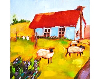 素朴な田舎の風景油絵：夏の田園風景、アートワーク8x8 - Etsy 日本