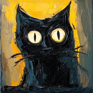May include: A black cat with large, bright yellow eyes stares directly at the viewer. The cat's fur is painted in a dark, textured style against a yellow and brown background.