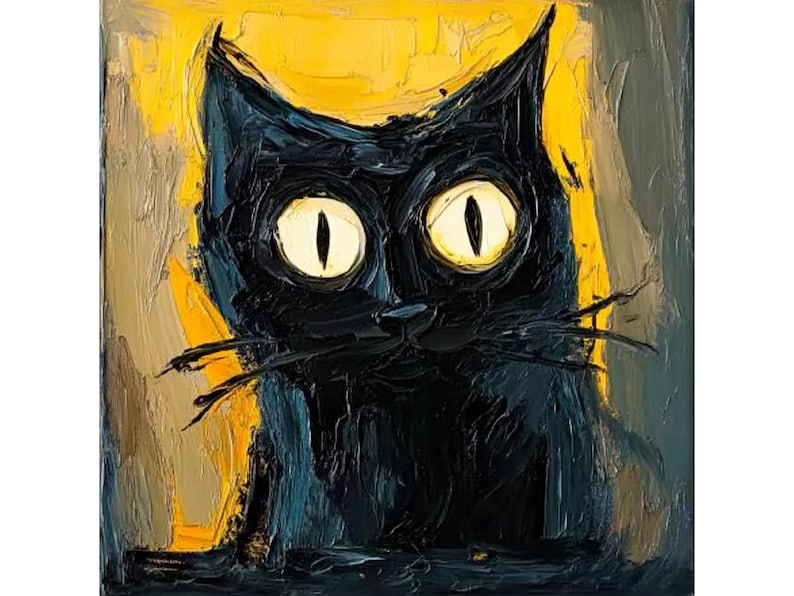 May include: A black cat with large, bright yellow eyes stares directly at the viewer. The cat's fur is painted in a dark, textured style against a yellow and brown background.