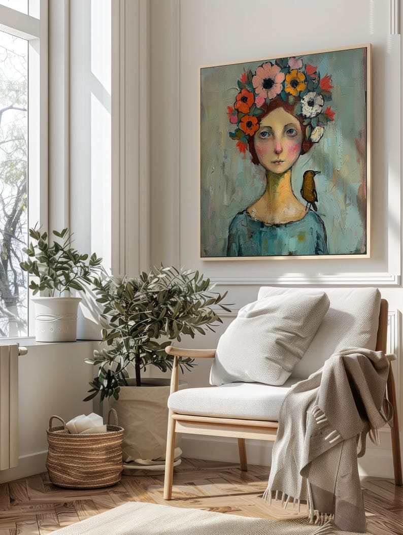 Woman Portrait Oil Painting Daisy Original Art Girl With Bird Artwork ...
