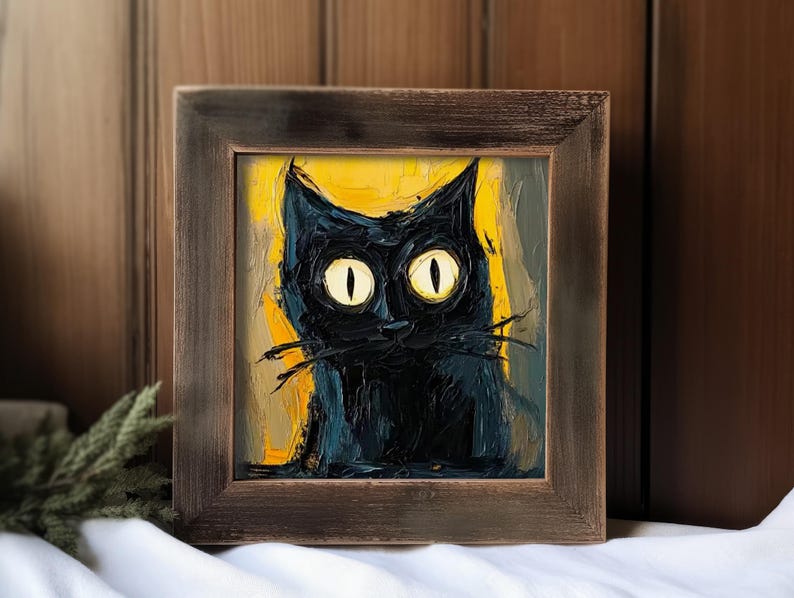 May include: A framed painting of a black cat with yellow eyes. The cat is painted in a stylized, impressionistic style with thick brushstrokes. The background is a yellow and brown color.