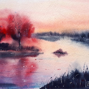 May include: Watercolor painting of a serene landscape with a body of water reflecting the sky and trees. The artwork features a color palette of red, pink, and blue hues, with a signature in the bottom right corner.