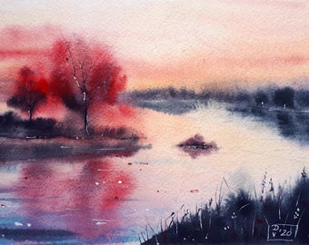 Vermont Painting Original Art West River Watercolor Fog Trees Wall Art Landscape Artwork 8x10 inches