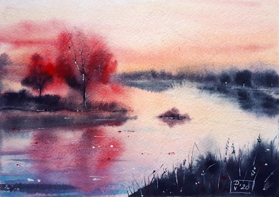 Vermont Painting Original Art West River Watercolor Fog Trees Wall Art Landscape Artwork 8x10 inches