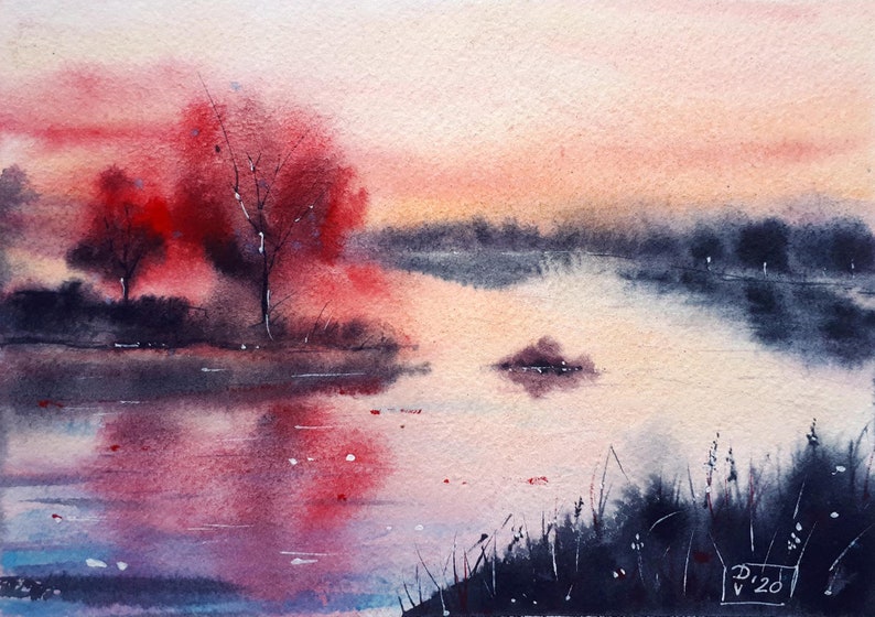 May include: Watercolor painting of a serene landscape with a body of water reflecting the sky and trees. The artwork features a color palette of red, pink, and blue hues, with a signature in the bottom right corner.