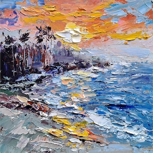 Laguna Beach Painting Impasto Seascape Original Art California Sunset Oil Painting Small Artwork 6x6 inches