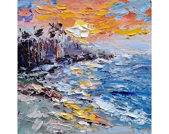 Laguna Beach Painting Impasto Seascape Original Art California Sunset Oil Painting Small Artwork 6x6 inches