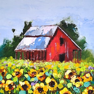 Sunflowers Painting Red Barn Original Art Rustic Landscape Impasto Oil Painting Rochester Farm Wall Art by PaintingGiftsArt