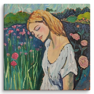 Woman In Garden Painting On Canvas Flower Original Art Landscape Oil Painting Girl Naive Art Young Woman Portrait by PaintingGiftsArt