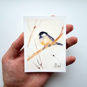 Chickadee Painting ACEO Original Art Bird Watercolor Small Artwork 2.5x3.5"