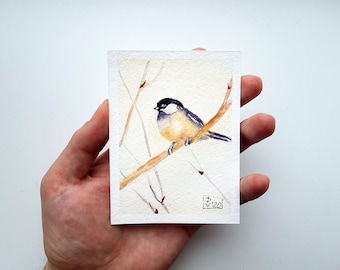 Chickadee Painting ACEO Original Art Bird Watercolor Small Artwork 2.5x3.5"