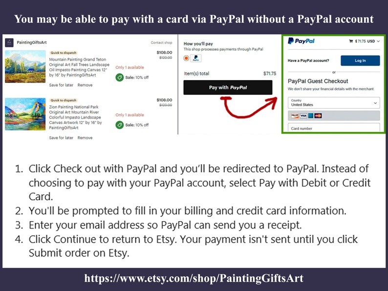 May include: Screenshot showing Etsy checkout instructions. The image includes a PayPal guest checkout option, with instructions to pay with a debit or credit card. The text also shows the shop name and product details.