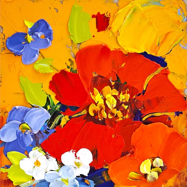 Poppy Painting Wildflower Original Art Flowers Impasto Oil Painting Floral Artwork 6''x6''