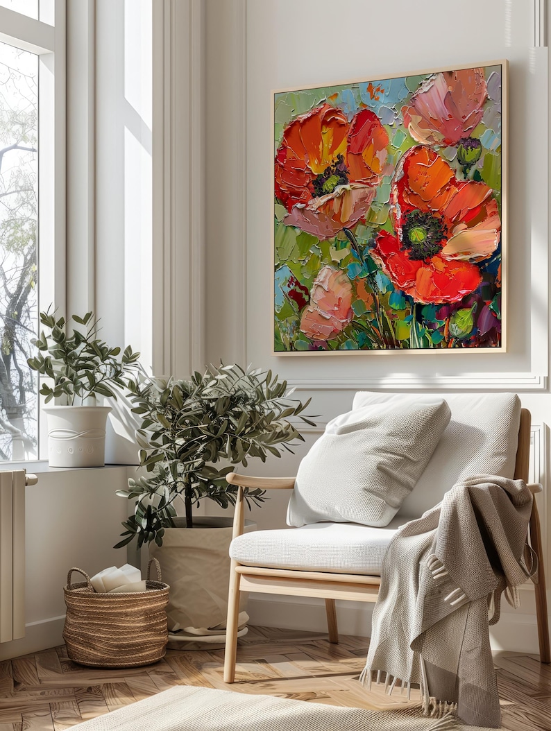 Poppy Oil Painting Flowers Impasto Original Art Floral Wall Art Medow ...