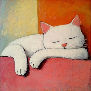 Cat Painting White Cat Original Art Sleeping Cat Oil Painting Pet Wall Art Animal Artwork