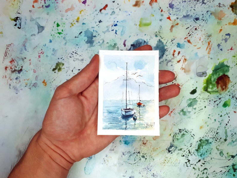 Sailboat Painting Nautical ACEO Original Art Seascape Watercolor Sunrise Artwork 2.5x3.5 by PaintingGiftsArt