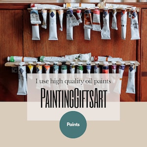 May include: A close-up of a wall with two rows of tubes of oil paint. The tubes are arranged in a rack and are labeled with different colors. The text "I use high quality oil paints PAINTINGGIFTSART" is visible below the tubes. The text "Paints" is in a circle below the text.
